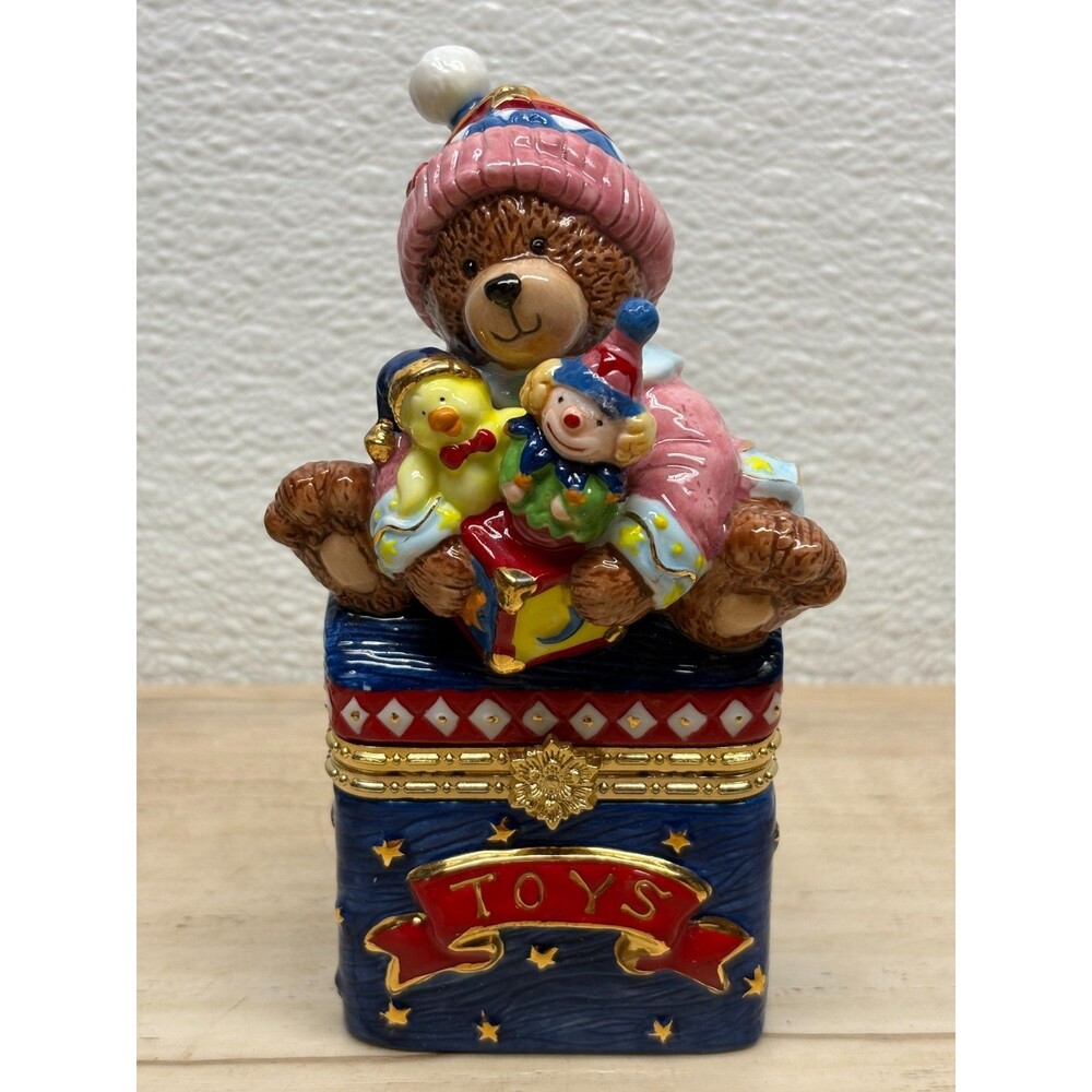 Traditions Porcelain Decorative Trinket Box Hand Painted Teddy Bear With Toys